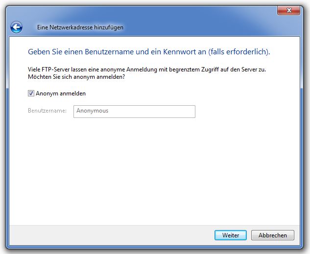 Windows FTP Anmeldedaten